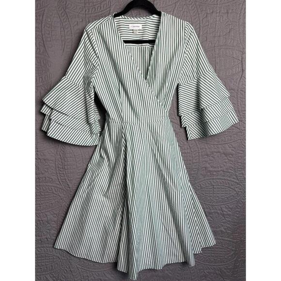 Calvin Klein Women's 4 Striped Bell Sleeve Cotton Wrap Dress Pockets Green White - Picture 4 of 12